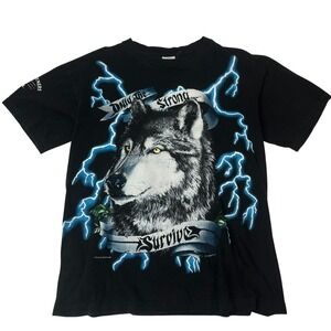 VTG 90s USA Thunder Wolf Lightning All Over Print Tee L